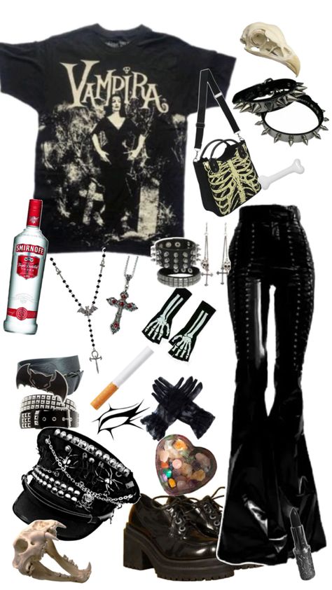 Vampire bones tote bag goth masculine crystal cigarettes doc martens black lipstick vodka Masculine Goth, Romantic Goth Outfits, Goth Outfit Inspo, Doc Martens Black, Goth Outfit, Black Lipstick, Romantic Goth, Concert Looks, Fits Clothes