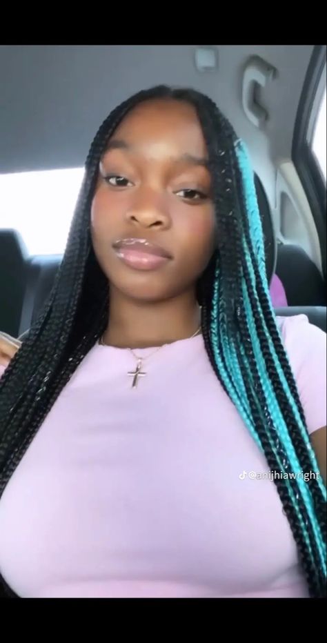 Knotless Box Braids Blue, Light Blue Peekaboo Braids, Black And Blue Knotless Braids Peekaboo, Pink Blue And Black Knotless Braids, Blue Knotless Braids With Curls, Light Blue Knotless Braids, Teal And Black Knotless Braids, Teal Peekaboo Braids, Light Blue Braids For Black Women