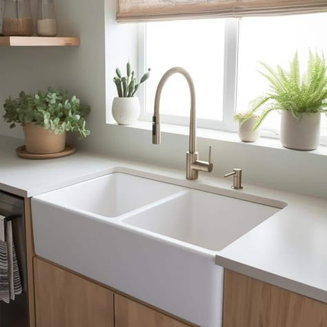 Work at the sink doesn't have to feel like work. The ergonomic shallow bowl of the Turner farmhouse kitchen sink is designed for comfort, and takes up less space in the cabinet beneath. The double bowl design allows space for washing and drying at the same time. Our ultra-durable and dense fireclay is fired up to 2100° F and protected with our proprietary finish that safeguards and adds strength. Color: Crisp White. Double Farmhouse Sink, Apron Kitchen Sink, Kitchen Cabinet Color Ideas, White Farmhouse Sink, Contemporary Kitchen Sinks, Farmhouse Kitchen Sink, Apron Sink Kitchen, Farmhouse Apron, Farmhouse Aprons