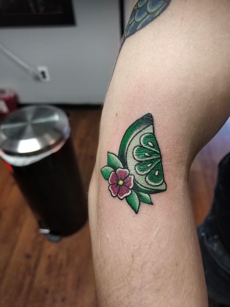 My lime wedge by Mickey Garcia at Electric Ink Tattoo in Stephenville Texas Lime Wedge Tattoo, Universal Tattoo, Lime Tattoo, Stephenville Texas, Texas Tattoos, Trending Tattoos, Prison Tattoos, R Tattoo, Professional Tattoo