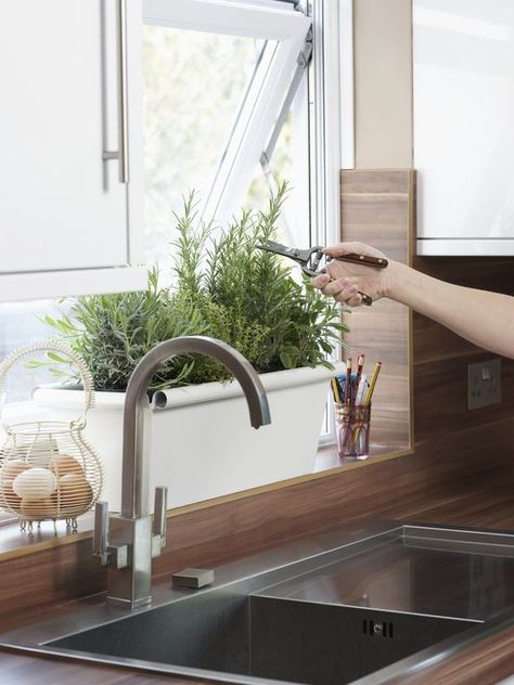 Window Herb Garden, Kitchen Sink Window, Window Sill Decor, Kitchen Window Sill, Herb Garden In Kitchen, Fresh Kitchen, Kitchen Herbs, Window Planter Boxes, Indoor Herb Garden