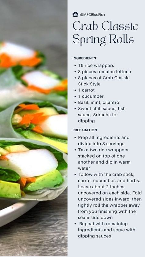 Our friends at @MSCBlueFish have come up with this delicious and sustainable spring roll recipe using Crab Classic! Crab Spring Rolls Recipe, Ww Spring Rolls, Crab Spring Rolls Rice Paper, Crab Spring Roll Recipe, Crab Rice Paper Rolls, Spring Rolls Crab, Crab Spring Rolls, Spring Roll Recipe, Seafood Recipes Healthy