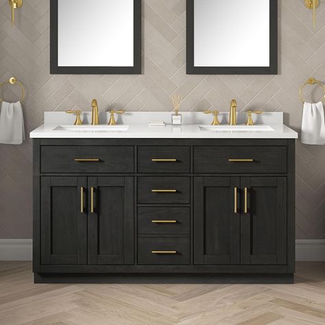 Amazon.com: OVE Decors Bailey 60 in. W x 22 in. D x 34.5 in. H Double Sink Bath Vanity in Matte Black Wood with White Engineered Quartz Top Black Wood Vanity Bathroom, Bathrooms With Black Vanities, Bathroom Black Cabinets, Charcoal Bathroom Vanity, Black Bathroom Cabinets, Bathroom Remodel Cabinets, Double Sink Cabinet, Black Cabinets Bathroom, Panel Cabinet Doors