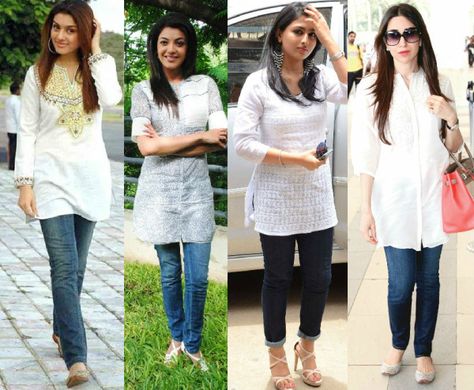 Is your wardrobe full of kurtis like any other Indian girl's wardrobe? We show you some interesting and novel ways in which you can style your kurtis...! White Tops For Women Indian, Jeans Outfit Indian Style, Jeans Tops Indian Style For Women, Jeans Kurti Style Tunic Tops, How To Style Kurti With Jeans, Jeans With Kurta Style, Jeans And Kurti Indian Casual, White Kurta With Jeans, White Kurti Styling Ideas