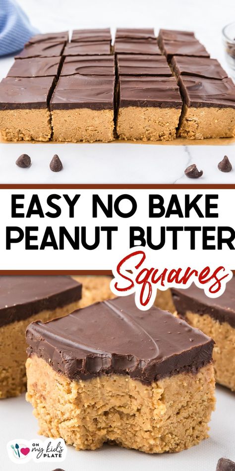 Creamy and full of peanut butter flavor, these chocolate peanut butter squares are the perfect no-bake dessert. Peanut butter fans go crazy for these gooey bars! Dessert Peanut Butter, Chocolate Peanut Butter Squares, Chocolate Fudge Bars, Butter Squares, Dog Cookie Recipes, Chocolate Peanut Butter Bars, Peanut Butter Squares, Peanut Butter Fingers, Gooey Bars