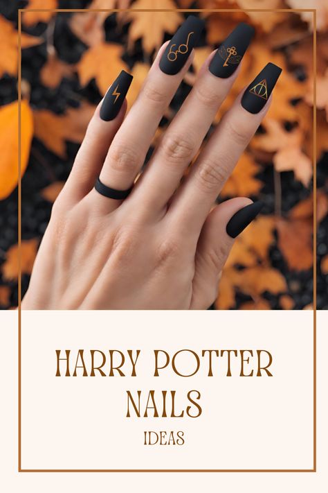 Harry Potter Nails idea. Fall nails, Autumn Nails, Spooky Nails, Black Nails, Black Mat Nails. Orange Nails. Great for Halloween nails ideas. Magical Nails inspired by Harry Potter aesthetic. Great for Harry Potter costume. October trendy nails 2023. Coffin nails. Follow for more inspirations! Harry Potter Gryffindor Nails, Universal Nail Ideas, Deathly Hallows Nails, Harry Potter Halloween Nails, Harry Inspired Nails, Harry Potter Nails Acrylic, Harry Potter Acrylic Nails, Spooky Nails Black, Black Autumn Nails