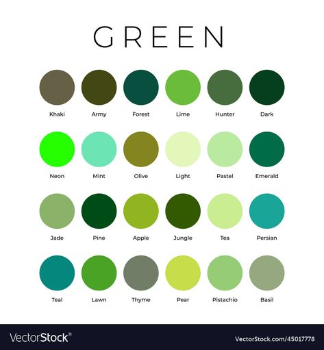 Shades Of Green Names, Green Color Shades, Green Color Names, Colour Shade Card, Color Melt Blonde, Color Knowledge, Green Name, Color Mixing Chart, Color Melt