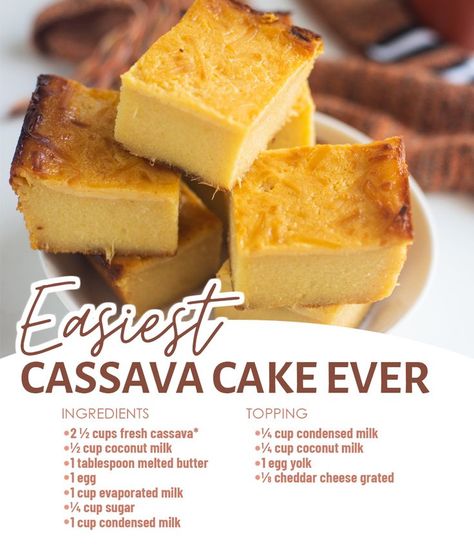 This Cassava Cake is a favorite Filipino dessert recipe that is so rich, creamy, custard-like, and coconutty with a little texture from the grated cassava. It's a sweet and delicious treat during parties or any occasion. Check this out! Easy Cassava Cake Recipe, Cassava Recipes Filipino Desserts, Cassava Cake With Custard Topping, Cassava Flan Recipe, Casava Cake Recipe Filipino Food, Cassava Cake Filipino, Cassava Cake Recipe Filipino, Coconut Custard Cake Recipe, Casava Cake Recipe