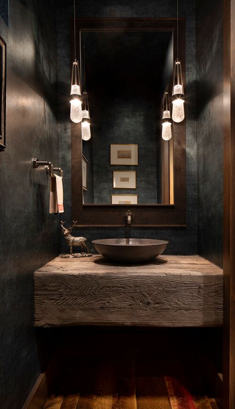 Beargrass Lodge | Denman Construction | Whitefish, Montana Lodge Bathroom, Rustic Bathroom Ideas, Modern Lodge, Powder Room Design, Mirror Ideas, Rustic Bathrooms, Modern Mountain, Bathroom Inspiration Decor, Powder Bath