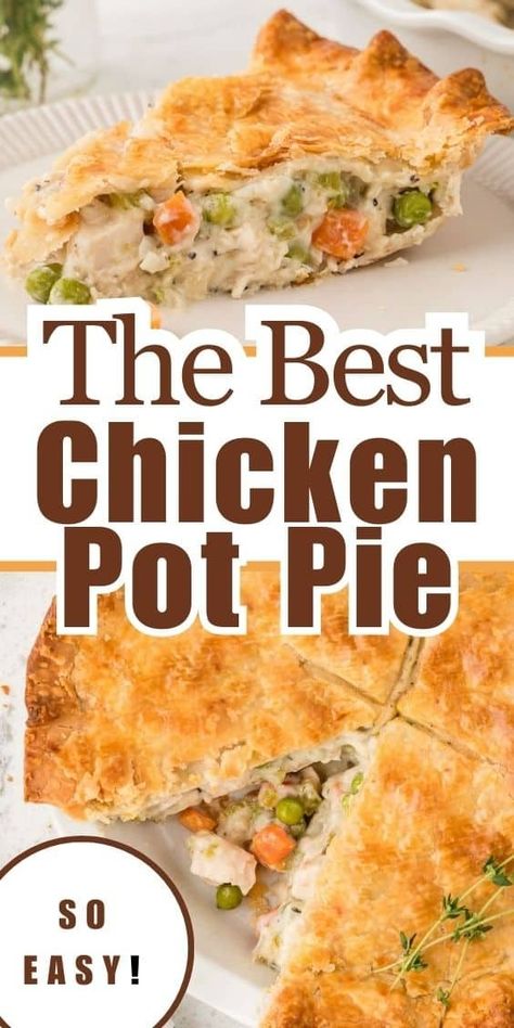 Slice of chicken pot pie showing inside filling, and top of entire pie. Kfc Chicken Pot Pie Recipe, Freezer Casserole, The Best Chicken Pot Pie, Easy Chicken Pot Pie Recipe, Creamy Chicken Pot Pie, Best Chicken Pot Pie, Chicken Pot Pie Filling, Homemade Chicken Pot Pie, Chicken Pot Pie Recipe