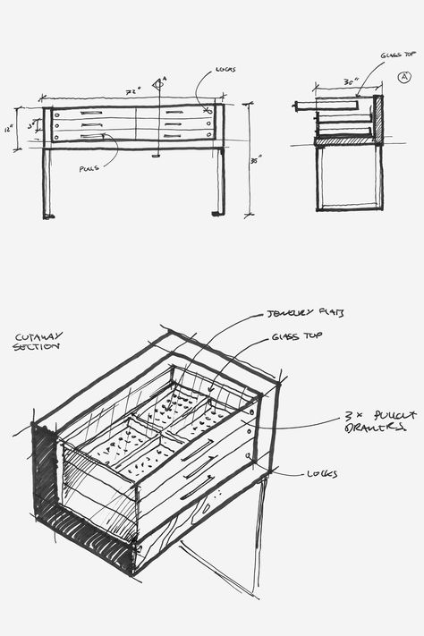 Design Process: Design sketches for a custom jewelry display cabinet. #laughingbuddhatattooandbodypiercing #boardandvellum #interiordesign #designprocess #sketching #designsketch #customfurniture Jewelry Display Furniture, Jewelry Display Cabinet, Stand Display, Jewelry Shop Design, Ceiling Design For Jewellery Shop, Jewellery Shop Elevation, Jewelry Store, Jewellery Display Counter Design, Jewelry Display