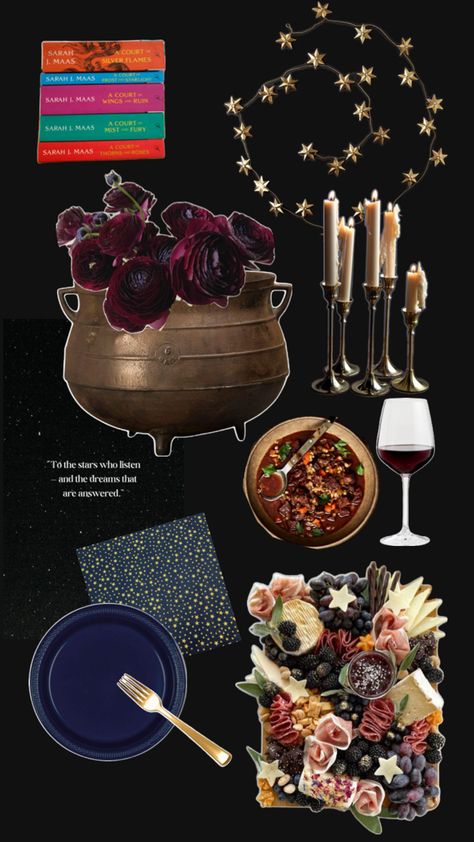 Host an ACOTAR book club night! Decorate with sparkly stars, drippy candles, and a cauldron centerpiece. Midnight blue and gold paper goods, wine glasses and ceramic bowls fill the table. Serve a starry sky inspired charcuterie, with Amren’s blood red wine, and comforting cabin soup. To the stars ✨ Cauldron Centerpiece, Midnight Blue And Gold, Drippy Candles, Club Night, Gold Paper, Blood Red, Sarah J, Starry Sky, Blue And Gold