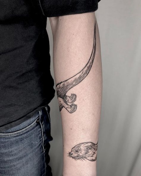 River Otter Tattoo, River Tattoo, Otter Tattoo, Lower Arm Tattoos, Woodcut Tattoo, Engraving Tattoo, D Tattoo, Female Tattoo Artists, Stomach Tattoos