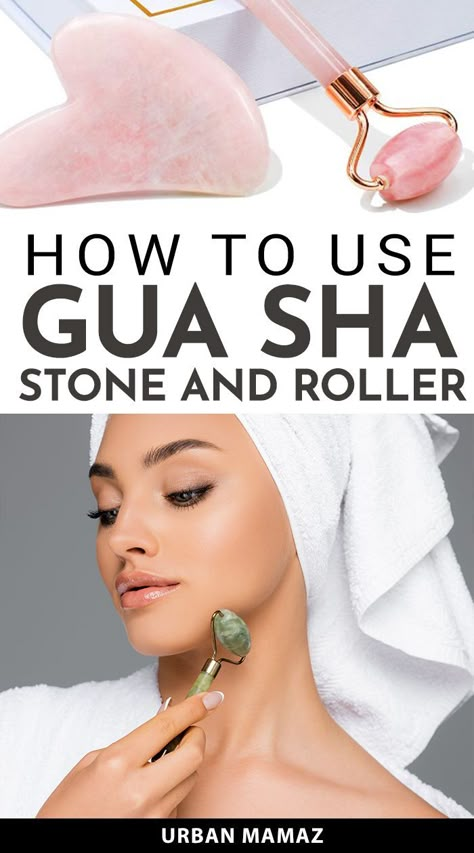 How to Use Gua Sha Stone and Roller Quartz Face Roller How To Use, Stone Roller For Face, Jade Roller And Gua Sha Tutorial, Face Massage Techniques With Roller, How To Use A Roller On Face, How To Use A Jade Roller And Gua Sha, How To Use Jade Stone On Face, Facial Stone Massage, Gua Sha Roller Technique