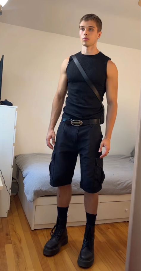 Leather Shorts Men Outfit, Brat Tour Outfit Men, Men’s Rave Fits Summer, Masc Rave Fits, Mens Techno Outfit, Sweat Tour Outfits Men, Black Rave Outfits Men, Men Rave Fits, Male Party Outfits Night