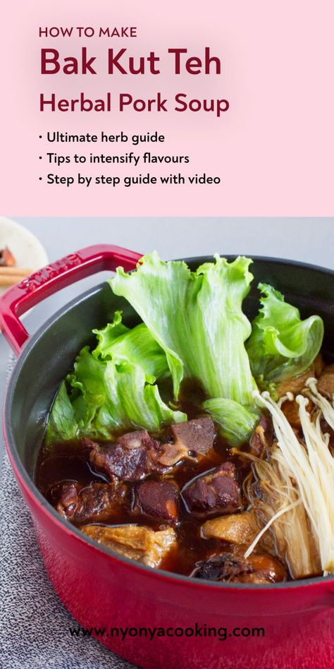 ‘Bak Kut Teh’ which literally means meat bone tea is an amazing broth based dish with a strong herbal taste. It is cooked using pork and multiple Chinese herbs. This recipe is the Hokkien version of Bak Kut Teh which is popular in Klang, Malaysia. Bak Kut Teh Recipe, Chinese Dessert Recipe, Asian Stir Fry Recipe, Bak Kut Teh, Singaporean Food, Chinese Soups, Asian Soups, Best Asian Recipes, Healthy Asian Recipes