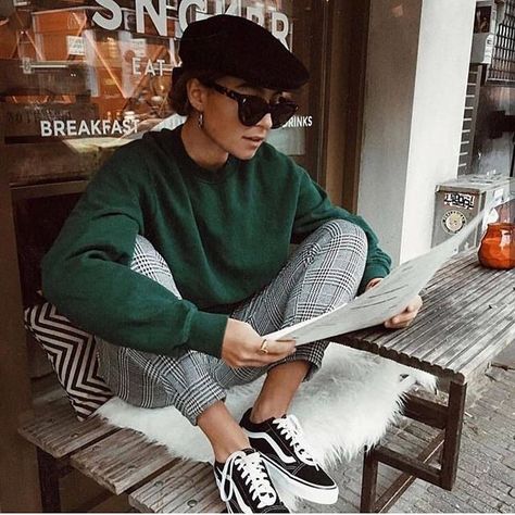 Welcome to Brixton.com | BRIXTON Apparel, Headwear, & Accessories Checked Sweater Outfit, Trouser With Tennis Shoes, Work Outing Outfit Casual, City Style Aesthetic, Sweatshirt And Dress Pants, Grunge Classy Outfits, Checked Pants Women Outfit, Vans Shoes Outfit Women Style, Check Pants Women