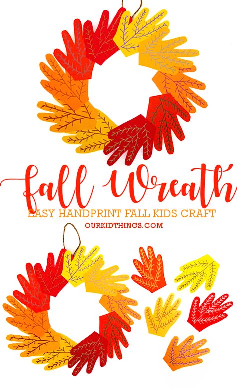 Handprint Fall Leaf Wreath Craft Handprint Leaf Wreath, Fall Handprint Wreath, Fall Leaf Wreath Crafts For Kids, Fall Wreath Craft Preschool, Fall Wreath Kids Craft, Hand Wreath Craft Kids, Autumn Handprint Crafts, Leaf Wreath Craft For Kids, Crafts For Kids Autumn