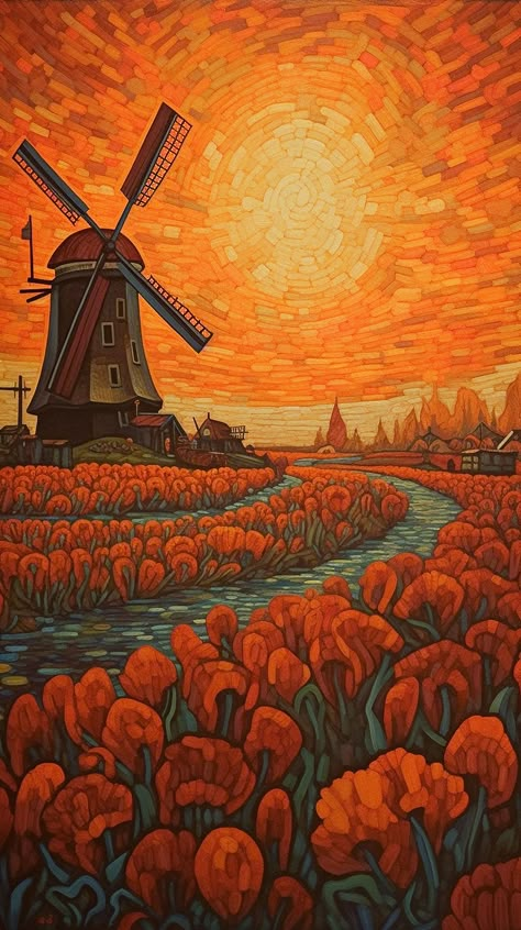 tulip Fields in Holland, windmill, art design, gemaakt van Midjourney Wind Mill Drawing, Mill Tattoo, Windmill Drawing, Insta Wallpaper, Netherlands Windmills, Fire Watch, Dutch Tulips, Colour By Number, Holland Art