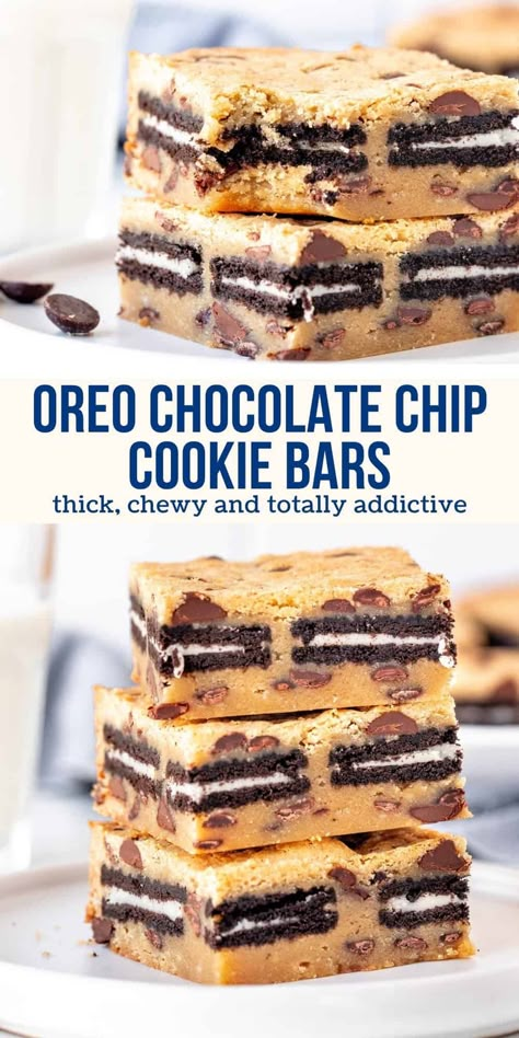 These Oreo stuffed chocolate chip cookie bars combine 2 classic cookies into one deliciously chewy blondie. They're thick, buttery, and packed with goodness. So get ready to pour yourself a glass of milk! #bars #blondies #chocolatechip #oreos #oreostuffed #recipe #blondies from Just So Tasty Oreo Cookie Bar, Oreo Stuffed Chocolate Chip Cookies, Oreo Desserts, Oreo Recipes, Chocolate Chip Cookie Bars, Chewy Chocolate Chip, Chewy Chocolate Chip Cookies, Oreo Dessert, Cookie Bar Recipes