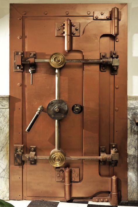 Bank Vault Door, Steampunk Door, Spaceship Decor, Door Mechanism, Antique Safe, Rustic Wood Doors, Bank Vault, Cannon Ball, Safe Door