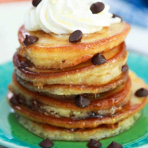 Chocolate Chip Pancakes Chocolate Chip Pancake Recipe, Chocolate Chip Pancake, Chocolate Chip Pancakes Recipe, Baked Potato Casserole, Chocolate Chip Pancakes, Pancake Stack, Filling Breakfast, Melting Chocolate Chips, Weekend Breakfast