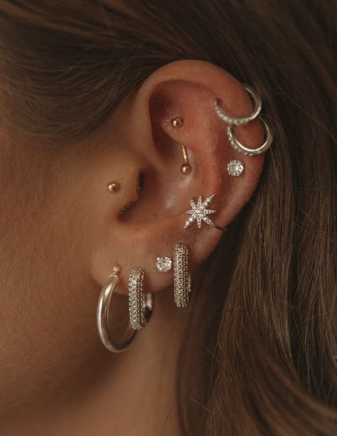 The Studs – Jay Nicole Designs Styled Ear Piercings Silver, All Ear Piercings Chart, Ear Piercing Designs, Different Piercings, Full Ear Piercings, Constellation Piercings, Piercings Ideas, Cool Ear Piercings, Pretty Ear Piercings