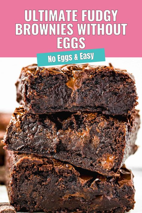 These Ultimate Fudgy Brownies without Eggs are super fudgy, moist, chewy, gooey, dense, and chocolaty, with crispy edges and crackly tops. Easy to make with basic pantry ingredients. This easy eggless brownie recipe really is the best! The recipe includes step-by-step photos and lots of tips. Desserts With One Egg, Eggless Easy Desserts, Easy Desserts Eggless, Recipes Without Eggs Dessert, Easy Recipes Without Eggs, Box Brownies Without Eggs, Fudgy Brownie Recipe Eggless, No Egg Brownies Recipe, Brownie Recipe No Eggs