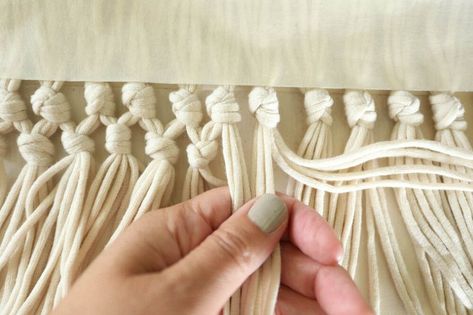 DIY macrame fringe can be added to pillows, throws, blankets, or table runners. Add it anywhere that you would like a little something extra. This really is so simple to make, with a little time, you can make something plain into something special!  Are You a Fan of Macrame?    Is macrame your kind of thing? To be honest, it’s not really my thing. I was born in the late 70’s, so my mom had macrame plant hangers while I was growing up. Those were okay. She may still have one around, but… Fringe Diy, Bar Stool Makeover, Coffee Filter Wreath, Macrame Fringe, Diy Step, Lampshade Makeover, Diy Step By Step, Kids Headboard, Quick Diy