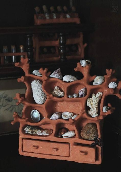 Create Pin for ad Ceramic Curio Shelf, Useful Clay Projects, Little Clay Things, Clay Shelf, Curiosity Shelf, Aesthetic Shelf, Ceramic Shelf, Red Clay Pottery, Organizing Jewelry