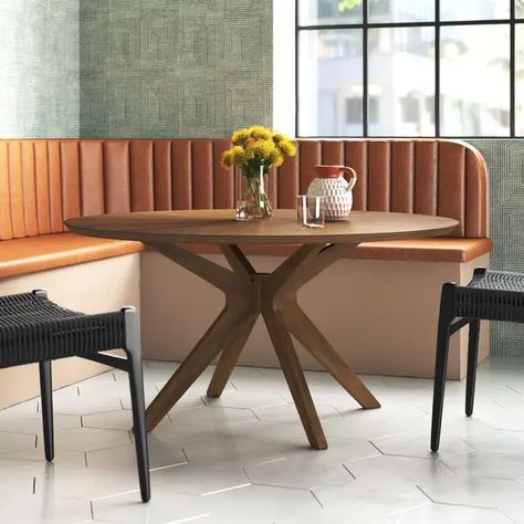 Corrigan Studio® Santo Solid Wood Arm Chair in Beige | Wayfair Modern Circular Dining Table, Kitchen Table Nook, Circular Kitchen Table, Dinning Nook, Banquette Seating In Kitchen, Breakfast Nook Dining Set, Dining Table With Leaf, Round Table And Chairs, Round Dining Table Modern