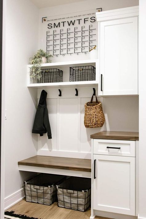 Mudroom With Drop Station, Hall Tree In Laundry Room, Hall Tree Pantry Combo, Square Mudroom Layout, Small Laundry Room Mudroom Combo, Small Mud Room Laundry Room Combo, Mud Room Ideas Entryway Laundry, Laundry Room Mud Room Combo, Entryway Cabinets