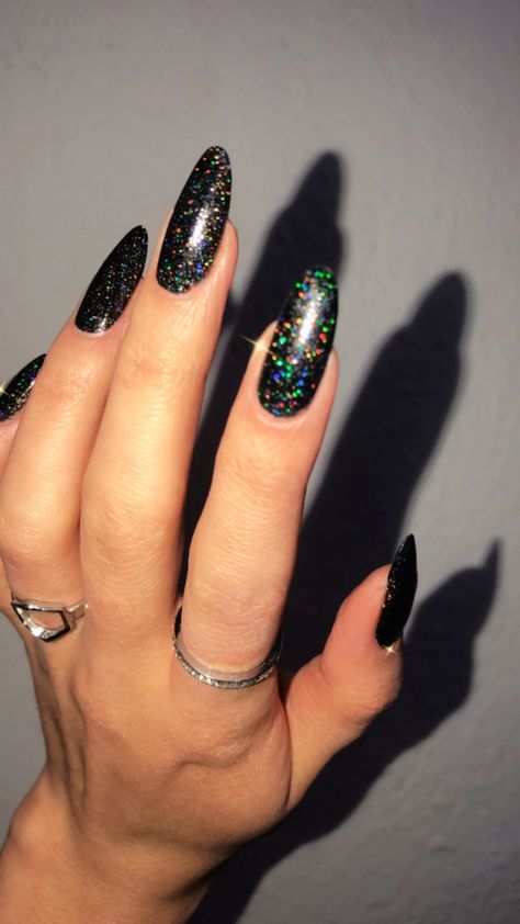 Black Holo French Tip Nails, Black Nails With Multicolor Glitter, Black Holographic Nails Acrylic, Black Nails With Rainbow Glitter, Glitter Black Nails Acrylic, Black Hologram Nails, Iridescent Nails Black, Holographic Black Nails, Black Sparkling Nails