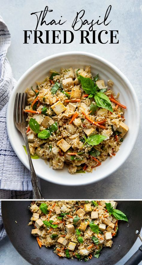 Thai Basil Recipes, Thai Basil Fried Rice, Vegetarian Rice Recipes, Fried Basil, Basil Fried Rice, Tofu Marinade, Sesame Tofu, Wok Cooking, Basil Recipes