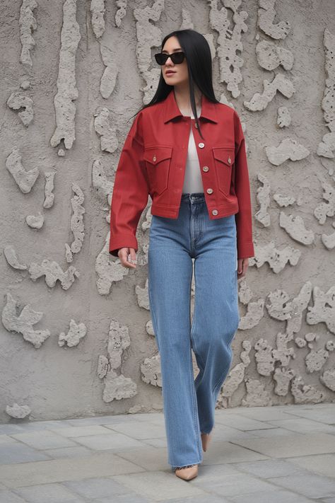 This cropped red corduroy jacket is both bold and versatile, making it a standout piece for anyone who loves color. The corduroy texture adds a vintage charm, while the cropped cut keeps the look modern. I could see this being a go-to for casual coffee runs or even date nights when paired with high-waisted jeans and a sleek top. It’s one of those jackets that feels just right for unpredictable spring weather. Red Denim Jacket Outfit, Cropped Denim Jacket Outfit, Spring Jacket Outfit, Red Jacket Outfit, Outfits Stockholm, Denim Jacket Outfits, Red Corduroy Jacket, Outfits Beige, Jackets Outfit