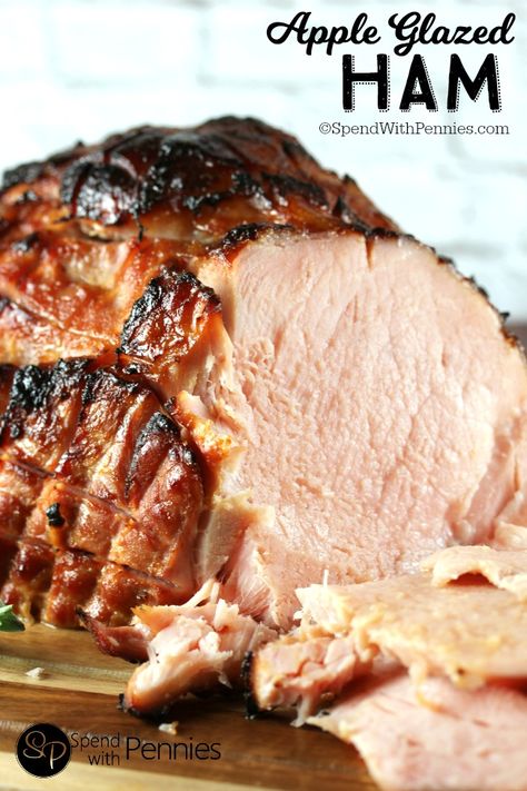 One of our all time favorite ham recipes! Apple Glazed Baked Ham is easy and the glaze is delicious! The result is a perfectly crispy skin on this juicy tender baked ham. Serve with apple sauce & scalloped potatoes! Easy and Amazing! Glazed Baked Ham, Ham Ideas, Potatoes Easy, Apple Glaze, Apple Jelly, Glazed Ham, Spend With Pennies, Ham Glaze, Apple Sauce