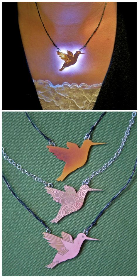 PCB Hummingbird Necklace on the Othermill #LED #jewelry #pendant #circuit_board Led Necklace, Led Jewelry, Electric Jewelry, E Textiles, Hummingbird Jewelry, Tech Jewelry, Hummingbird Necklace, Vintage Pendant Necklace, Light Jewelry