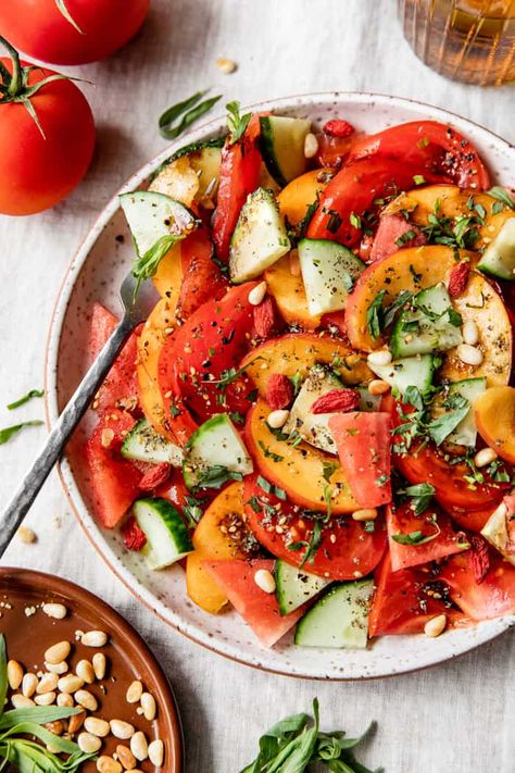 Bruschetta Flatbread, Asian Fruit, Salad Dip, Pesto Cheese, Simple Vinaigrette, Peach Salad, Watermelon Salad, Balsamic Dressing, Watermelon Recipes