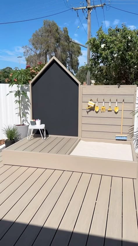 Creating a DIY chalkboard playspace complete with a sandpit and kid’s garden tool wall, everything sourced from my local @bunnings… | Instagram Sliding Dog Gate, Kids Garden Play Area, Play Area Garden, How To Paint Concrete, Kids Garden Play, Turf Backyard, Outdoor Chalkboard, Tool Wall, Kids Play Spaces