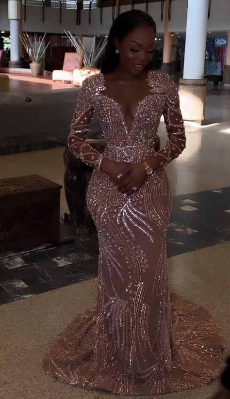 Rose Gold Nigerian Lace Dress, Rose Gold Wedding Dress Black Women, Rose Gold Reception Dress, Rose Gold Mermaid Wedding Dress, Wedding Dress With Rose Gold Accents, Rose Gold Dresses Prom, African Reception Dress, Nigerian Prom Dress Gold, Rose Gold Prom Dress Black Women