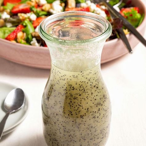 This sweet and tangy poppy seed dressing recipe is the best way to dress up fruit all year long. Here's how to make it. —Patricia Staudt, Marble Rock, Iowa Poppy Seed Dressing Recipe, Raspberry Vinaigrette Recipe, Homemade Salad Dressing Recipes, Fridge Staples, Fruit Dressing, Easy Salad Dressing Recipes, Different Salads, Marble Rock, Poppyseed Dressing