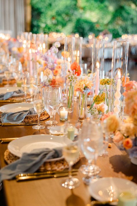 Whimsical Summer Wedding at The Mansion at Natirar | Maggie + Ty Dreamy Wedding Tablescape, Wedding Vibe Inspiration, Elegant Whimsical Wedding Decor, Wedding Small Vases Flowers, Garden Party Brunch Wedding, Whimsical Garden Wedding Florals, Wedding Table Photo Ideas, Chic Colorful Wedding, Timeless Whimsical Wedding