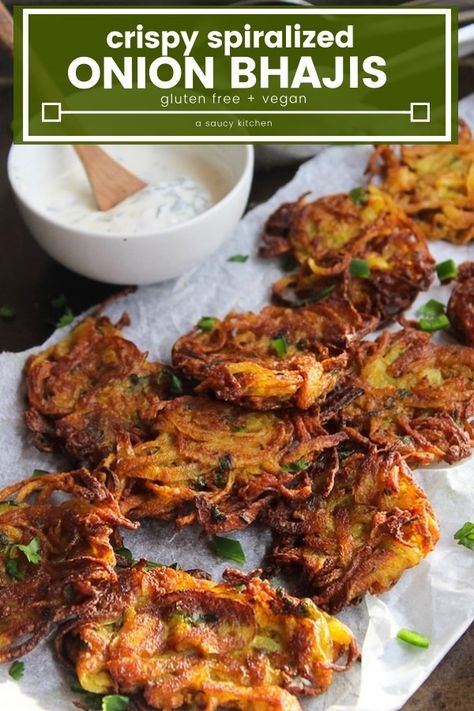 Onion Bhaji Recipes, Onion Bhajis, Onion Bhaji, Bhaji Recipe, Vegan Snack, Spiralizer Recipes, Onion Recipes, Vegan Appetizers, Indian Snack Recipes