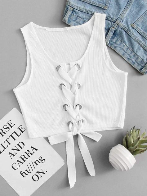 Lace Up Crop Top, Diy Vetement, Casual Tanks, Trendy Fashion Tops, Crop Top Outfits, Cute Crop Tops, Lace Crop Tops, Eyelet Lace, White Sleeveless