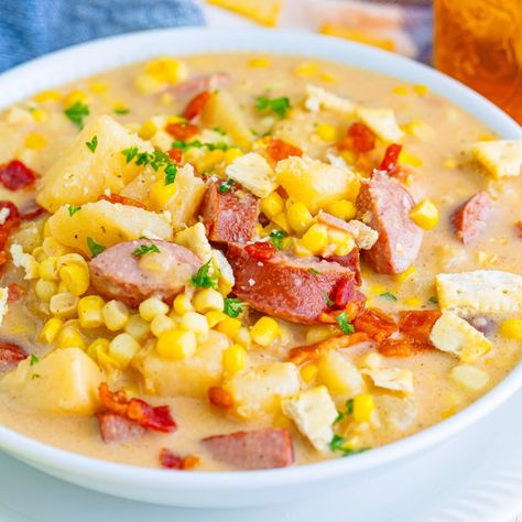 Smoked Sausage Corn Chowder, Kielbasa Corn Chowder, Recipes Using Kielbasa, Sausage Corn Chowder, November Meals, Smoked Kielbasa, Hearty Winter Recipes, Creamy Corn Chowder, Kielbasa Recipe