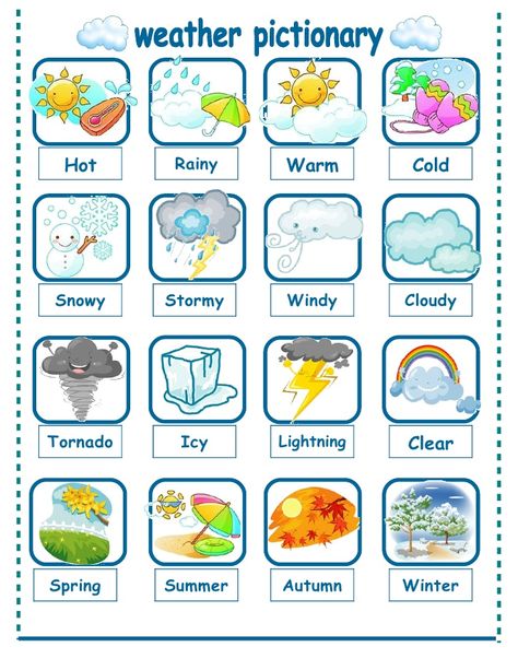 Hot       Rainy    Warm        Cold          Snowy     Stormy    Windy      Cloudy          Tornado    Icy     Lightning   Clear        ... Weather In English, Weather Like Today, Weather Worksheets, Weather Vocabulary, Weather Words, Grammar For Kids, English Activities For Kids, Learning English For Kids, English Worksheets For Kids