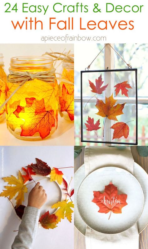 24 Gorgeous fall leaf crafts & easy DIY decor ideas such as colorful wreath, garland, kids leaf art printing, mason jars, Thanksgiving table centerpiece, etc! – A Piece of Rainbow, decorations, arts & crafts, autumn, farmhouse, nature, candles, candle holder, decoupage, bunting, pressed leaves Leaf Ornaments Diy, Nature Candles, Fall Leaf Crafts, Fall Leaf Art Projects, Autumn Farmhouse, Autumn Leaves Craft, Leaf Projects, Autumn Leaves Art, Fall Arts And Crafts