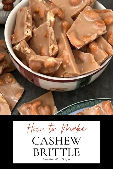 Cashew Brittle | Cashew Toffee Recipe, Cashew Brittle Recipe, Toffee Christmas, Cherry Mash, Cashew Brittle, Sweet Chex, Candy Bar Recipe, Christmas Cookie Recipes Holiday, Almond Toffee