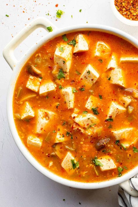 Spicy Silken Tofu Recipe (20 minutes!) - The Fiery Vegetarian Silken Tofu Recipes, Crunchy Food, Vegan Tofu Recipes, Cottage Cheese Dips, Eating Diet Plan, Soft Tofu, Clean Eating Diet Plan, Tofu Soup, Tofu Dishes