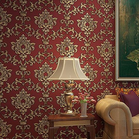 Red Wallpaper Room Design, Reading Nook Aesthetic, Dark Maximalism, Red And Gold Wallpaper, Bedroom Wallpaper Accent Wall, Red Accent Wall, Wallpaper Glue, Red Damask, Bedroom Wall Colors